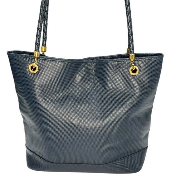 Bottega Veneta Handbags - Bottega Veneta Vintage Textured Leather Tote – Navy, Braided Straps, Gold Hware